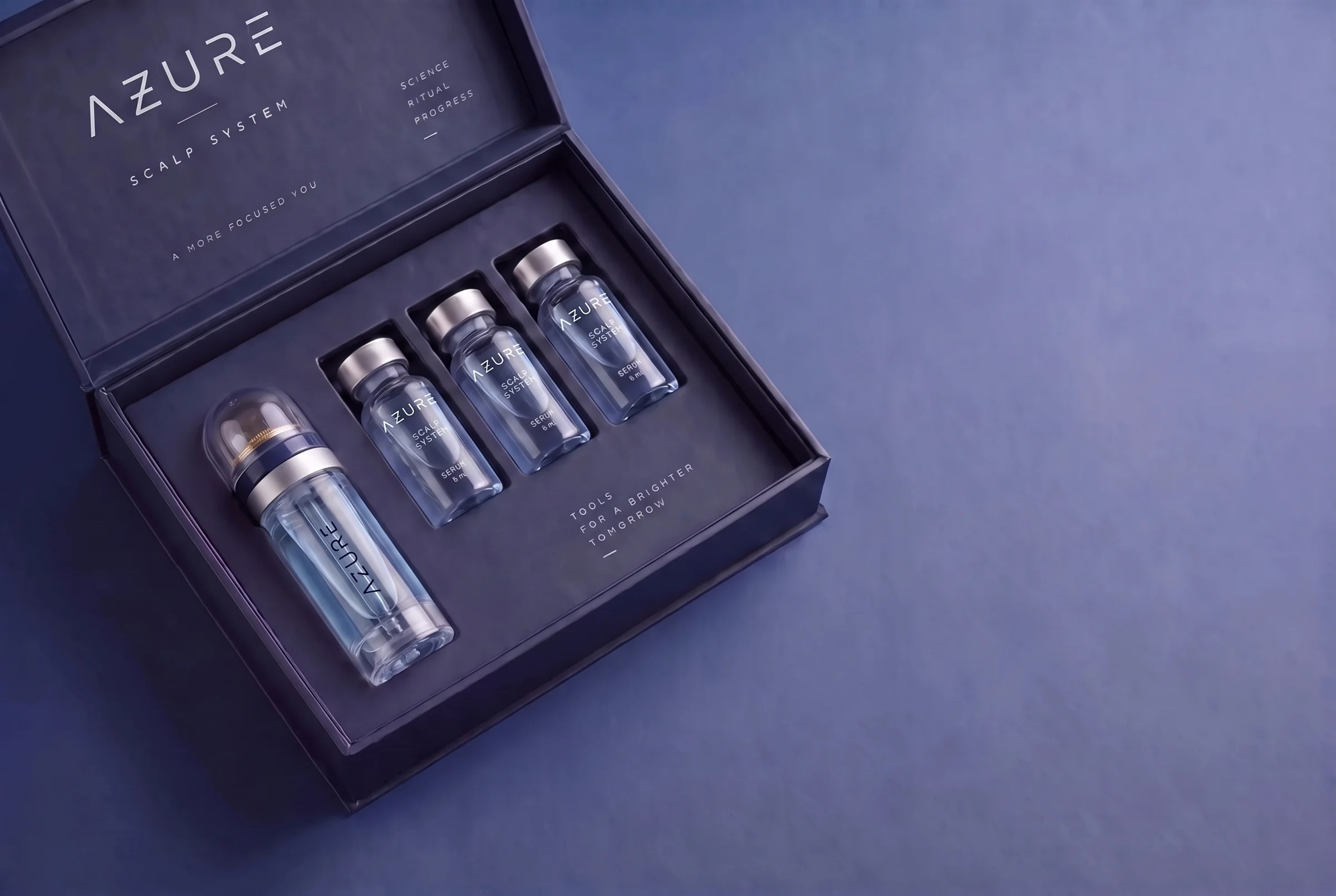 Open AZURE presentation case with the applicator and vials seated in the fitted interior